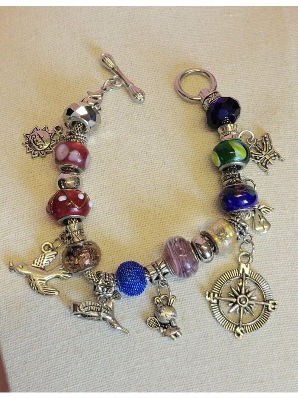 Silver Toned Colorful Glass Beaded Bird Compass Charm Bracelet B1A